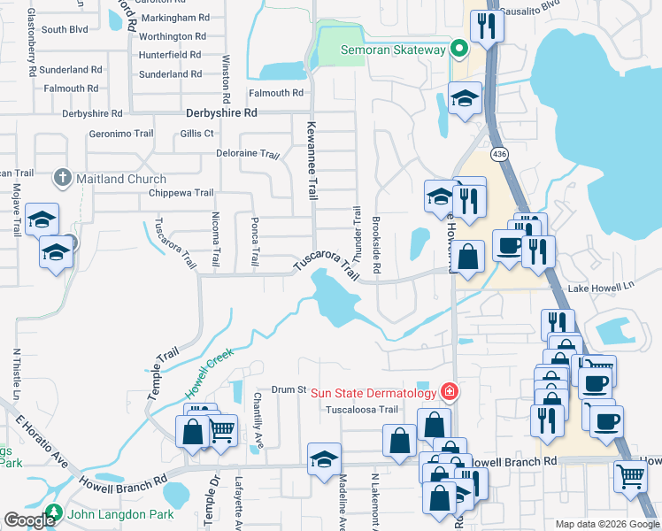map of restaurants, bars, coffee shops, grocery stores, and more near 2520 Tuscarora Trail in Maitland