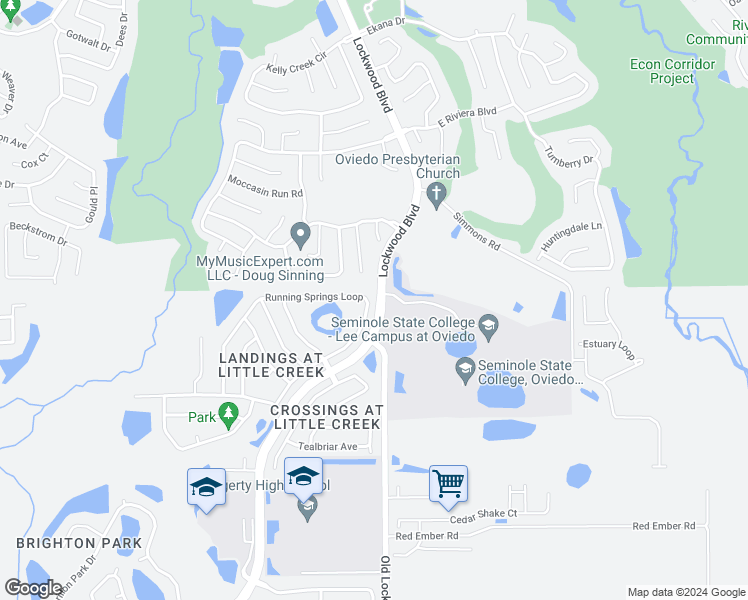 map of restaurants, bars, coffee shops, grocery stores, and more near 2752 Running Springs Loop in Oviedo