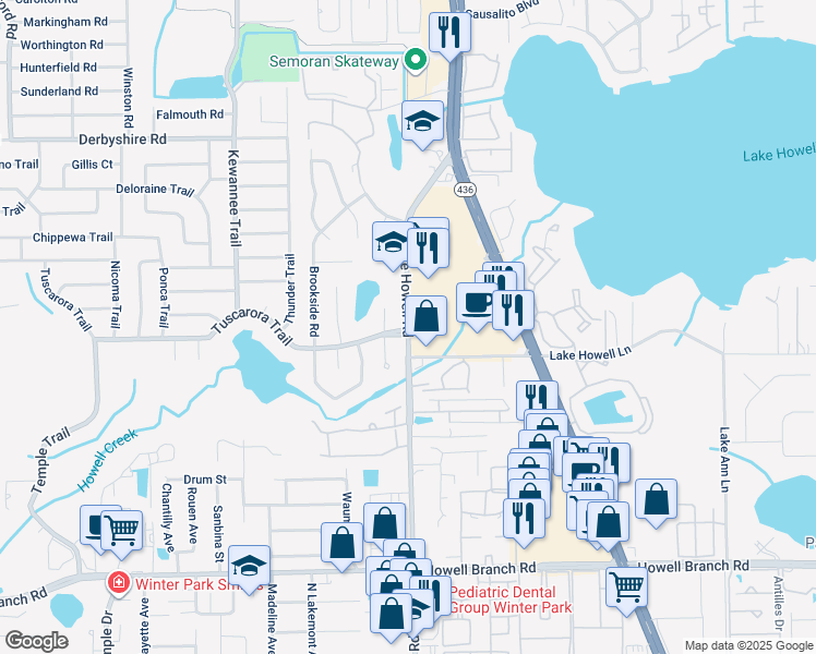 map of restaurants, bars, coffee shops, grocery stores, and more near 555 Lake Howell Road in Maitland