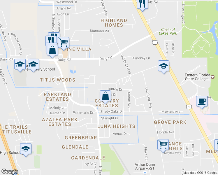 map of restaurants, bars, coffee shops, grocery stores, and more near 2850 Dutton Drive in Titusville