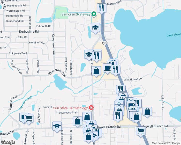map of restaurants, bars, coffee shops, grocery stores, and more near 555 Lake Howell Road in Maitland