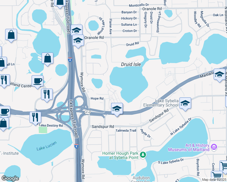 map of restaurants, bars, coffee shops, grocery stores, and more near 1186 Charming Street in Maitland