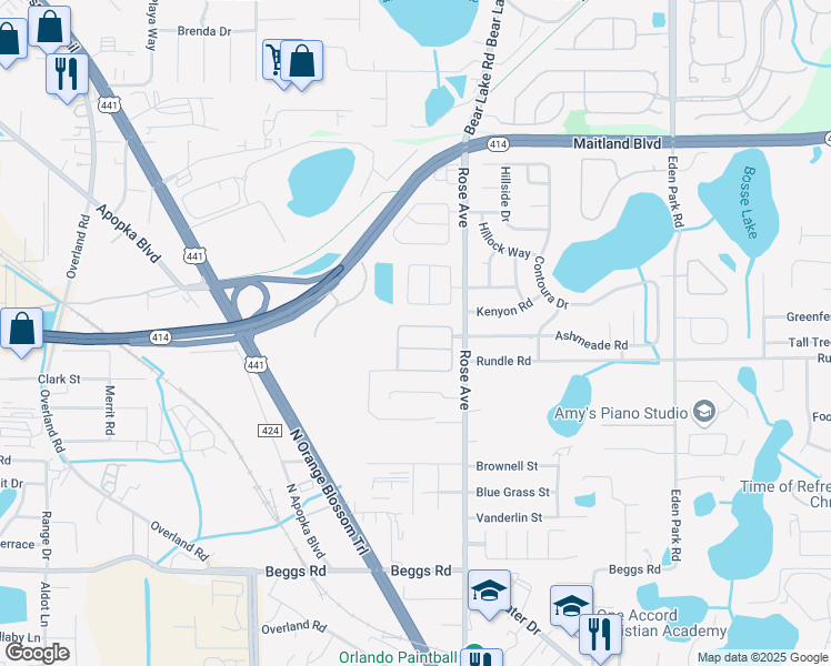 map of restaurants, bars, coffee shops, grocery stores, and more near 5592 Berwood Drive in Orlando