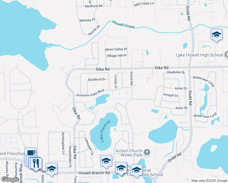 map of restaurants, bars, coffee shops, grocery stores, and more near 1045 Princess Gate Boulevard in Winter Park