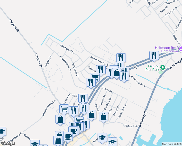map of restaurants, bars, coffee shops, grocery stores, and more near 510 Elmhurst Drive in Port Lavaca