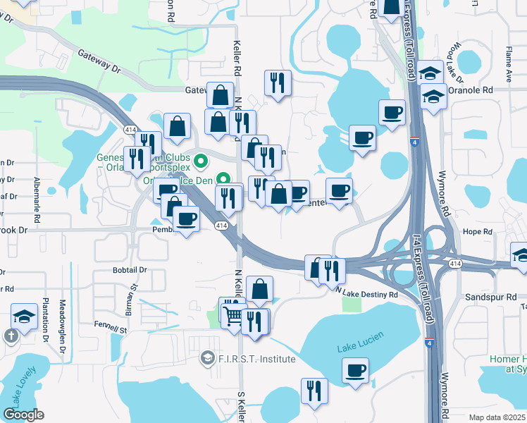 map of restaurants, bars, coffee shops, grocery stores, and more near 2600 Maitland Center Parkway in Maitland