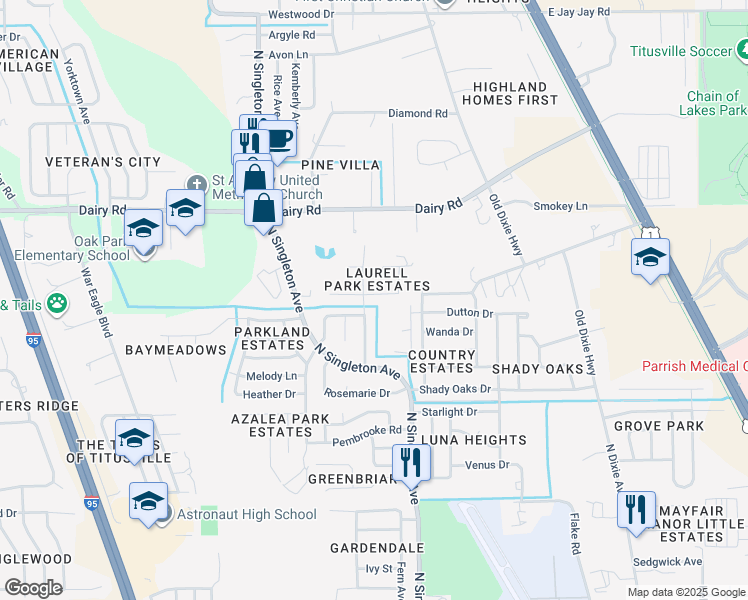 map of restaurants, bars, coffee shops, grocery stores, and more near 2945 Hobbs Place in Titusville