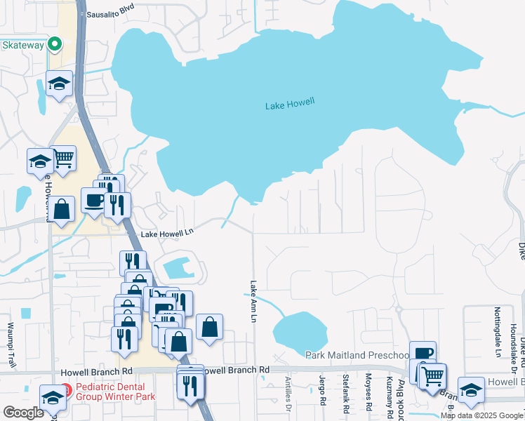 map of restaurants, bars, coffee shops, grocery stores, and more near 2726 Lake Howell Lane in Winter Park