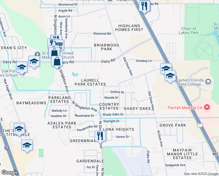 map of restaurants, bars, coffee shops, grocery stores, and more near 2850 Dutton Drive in Titusville