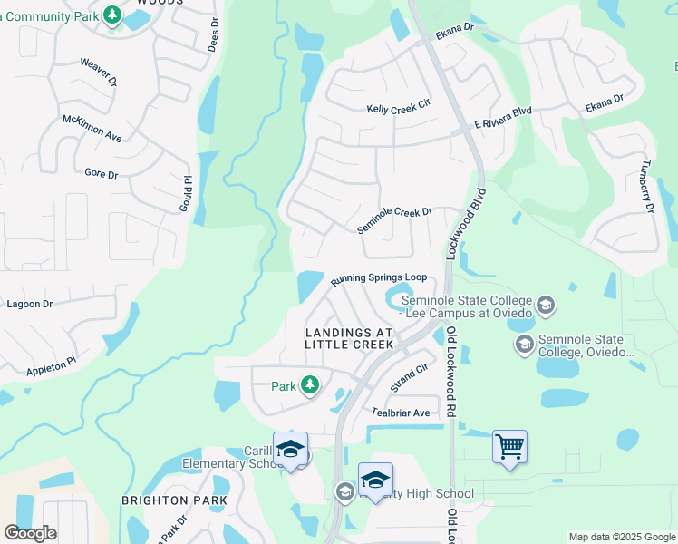 map of restaurants, bars, coffee shops, grocery stores, and more near 2710 Running Springs Loop in Oviedo