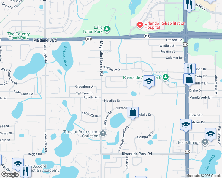 map of restaurants, bars, coffee shops, grocery stores, and more near 3801 Pembrook Drive in Orlando