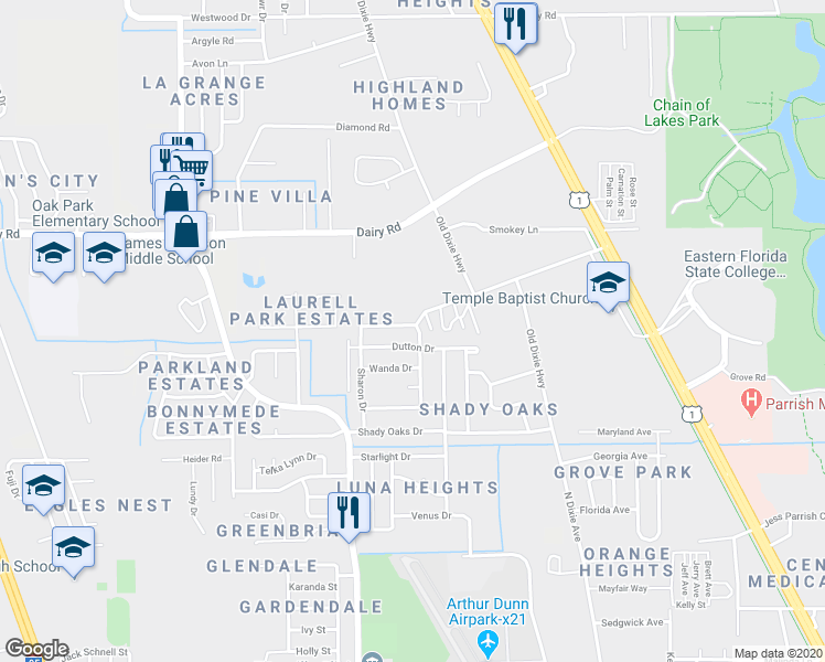 map of restaurants, bars, coffee shops, grocery stores, and more near 2821 Epp Bivings Drive in Titusville