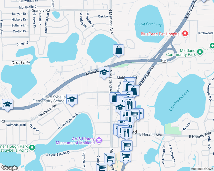 map of restaurants, bars, coffee shops, grocery stores, and more near 701 North Maitland Avenue in Maitland