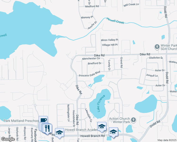 map of restaurants, bars, coffee shops, grocery stores, and more near 1020 Princess Gate Boulevard in Winter Park