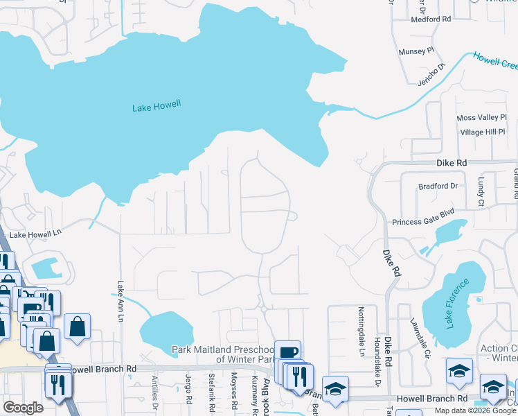 map of restaurants, bars, coffee shops, grocery stores, and more near 2055 Wood Thrush Lane in Winter Park