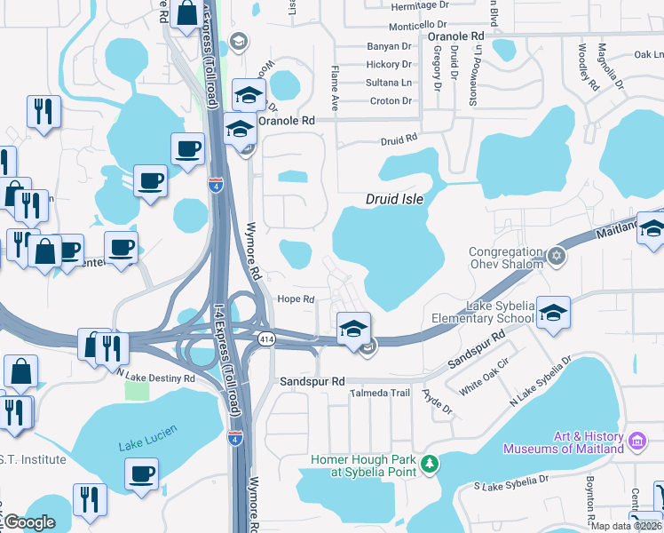 map of restaurants, bars, coffee shops, grocery stores, and more near 1404 Caring Court in Maitland