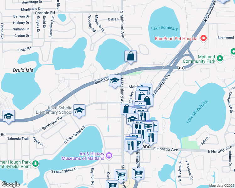 map of restaurants, bars, coffee shops, grocery stores, and more near 701 North Maitland Avenue in Maitland