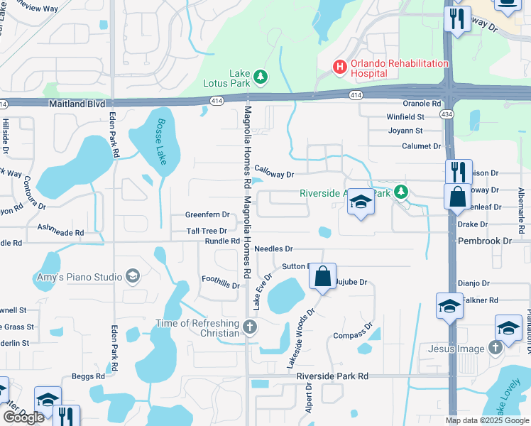 map of restaurants, bars, coffee shops, grocery stores, and more near 3767 Peaceful Place in Orlando