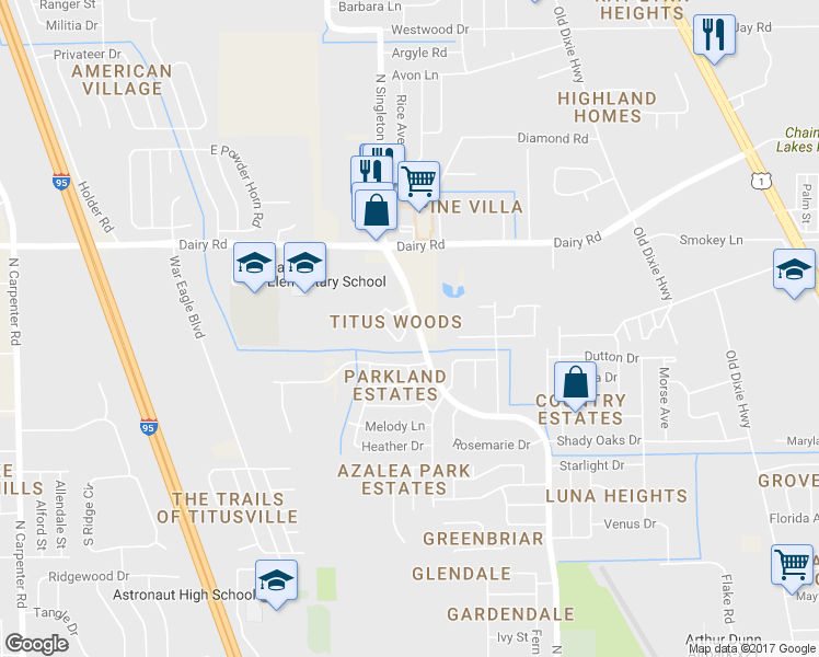 map of restaurants, bars, coffee shops, grocery stores, and more near 1326 Wilderness Lane in Titusville