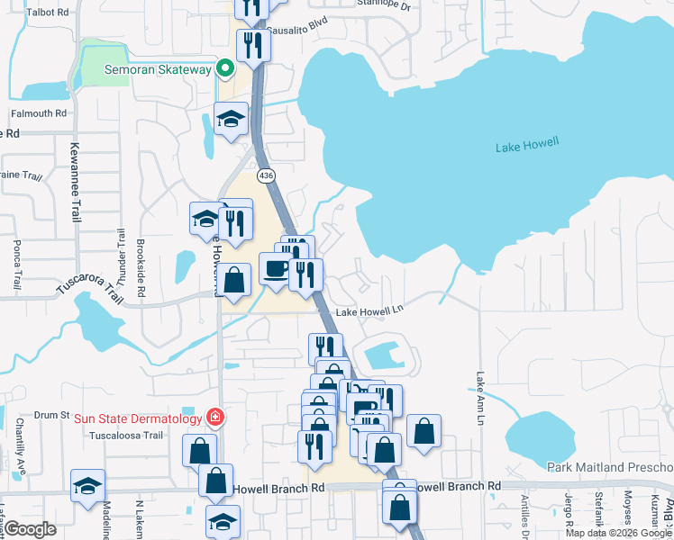 map of restaurants, bars, coffee shops, grocery stores, and more near 2428 Lake Vista Court in Casselberry