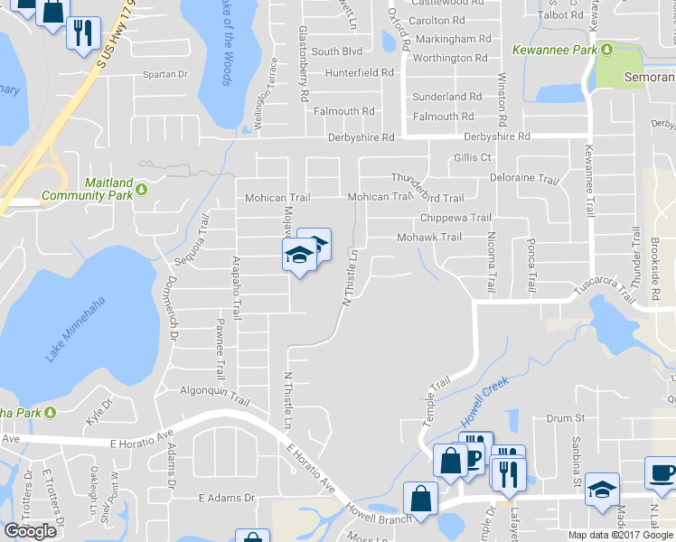 map of restaurants, bars, coffee shops, grocery stores, and more near 1901 Choctaw Trail in Maitland
