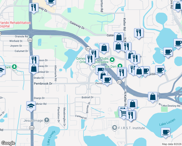 map of restaurants, bars, coffee shops, grocery stores, and more near 8700 Maitland Summit Boulevard in Orlando