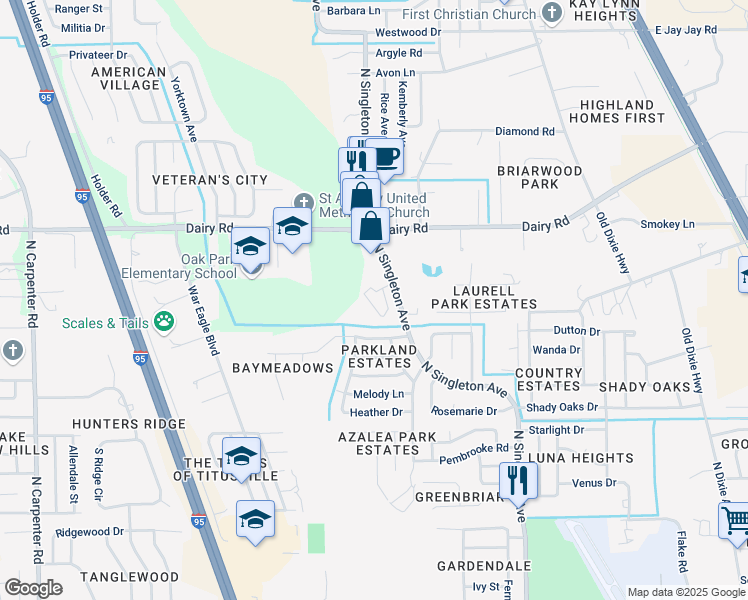 map of restaurants, bars, coffee shops, grocery stores, and more near 1355 Wilderness Lane in Titusville