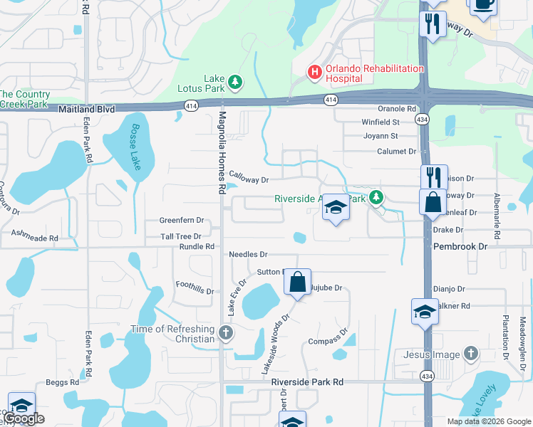 map of restaurants, bars, coffee shops, grocery stores, and more near 3629 Peaceful Place in Orlando