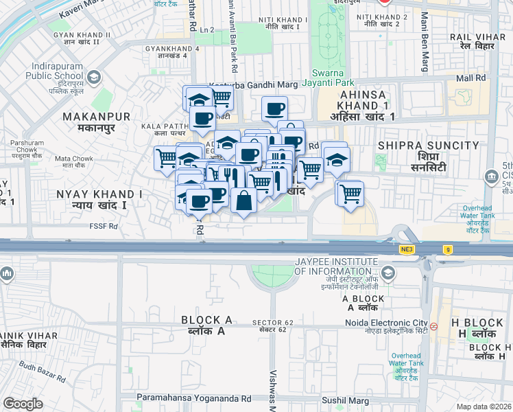 map of restaurants, bars, coffee shops, grocery stores, and more near B-1302 Outer Circle in Ghaziabad