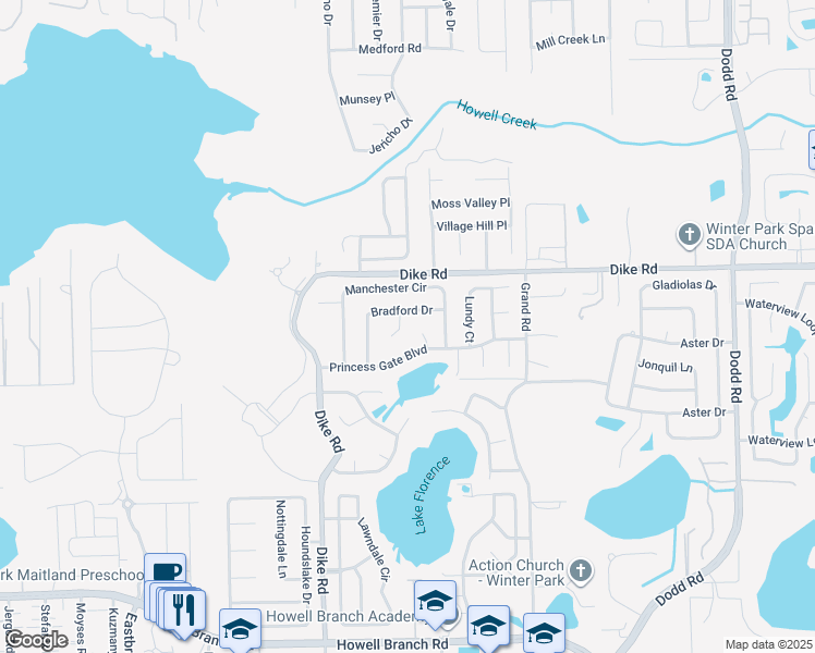 map of restaurants, bars, coffee shops, grocery stores, and more near 1019 Bradford Drive in Winter Park