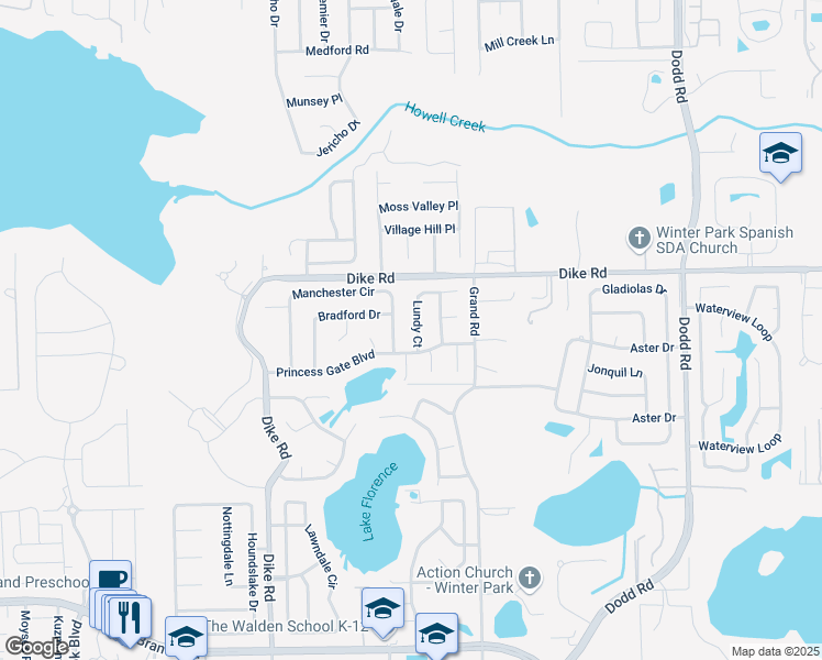 map of restaurants, bars, coffee shops, grocery stores, and more near 1063 Lundy Court in Winter Park