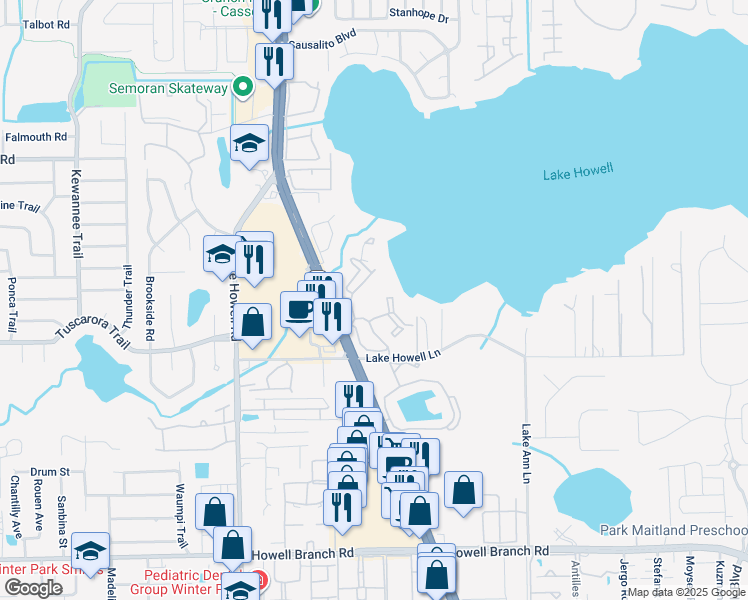 map of restaurants, bars, coffee shops, grocery stores, and more near 2428 Lake Vista Court in Casselberry