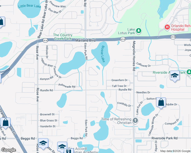 map of restaurants, bars, coffee shops, grocery stores, and more near 4606 Park Eden Circle in Orlando