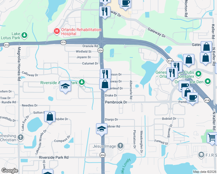 map of restaurants, bars, coffee shops, grocery stores, and more near 2705 Greenleaf Drive in Orlando