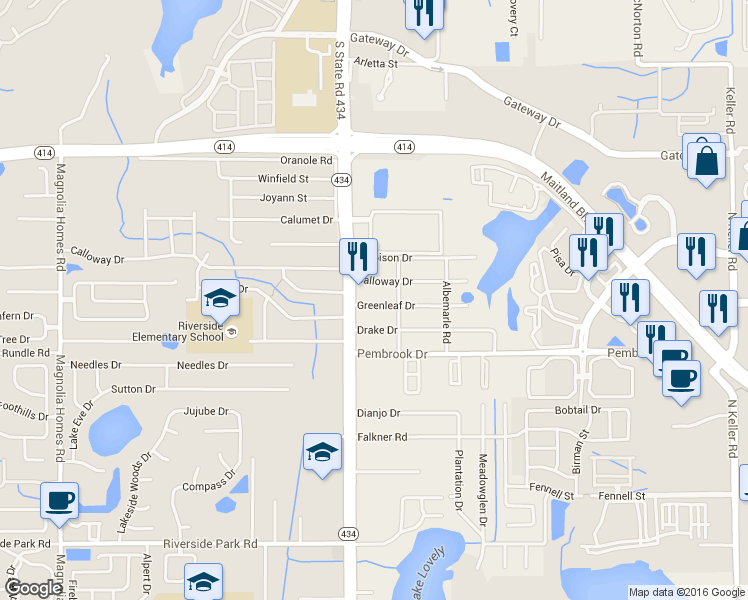 map of restaurants, bars, coffee shops, grocery stores, and more near 2705 Greenleaf Drive in Orlando