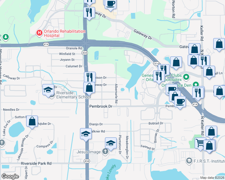 map of restaurants, bars, coffee shops, grocery stores, and more near 2403 Greenleaf Drive in Orlando