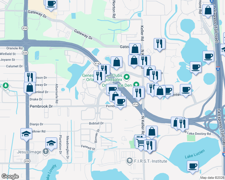 map of restaurants, bars, coffee shops, grocery stores, and more near 8601 Maitland Summit Boulevard in Lockhart