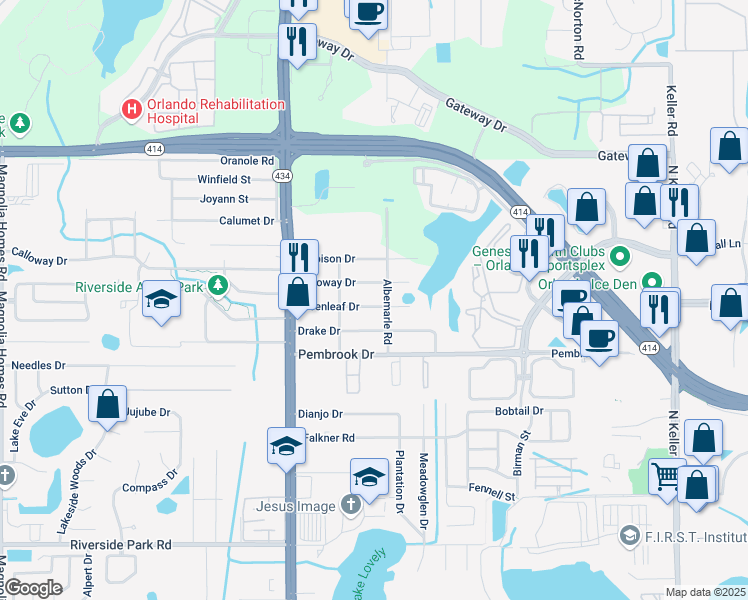 map of restaurants, bars, coffee shops, grocery stores, and more near 2403 Greenleaf Drive in Orlando