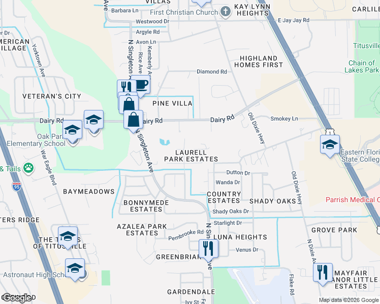 map of restaurants, bars, coffee shops, grocery stores, and more near 2950 Beale Street in Titusville