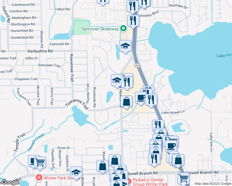 map of restaurants, bars, coffee shops, grocery stores, and more near 645 Brookwood Lane in Maitland