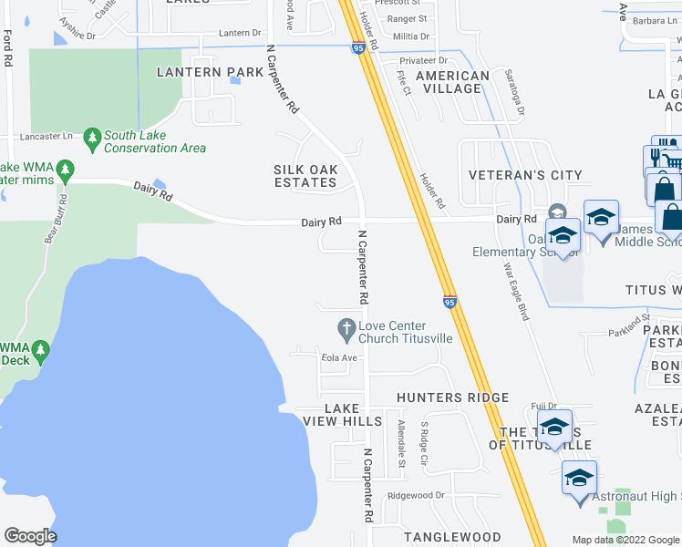 map of restaurants, bars, coffee shops, grocery stores, and more near 1390 North Carpenter Road in Titusville