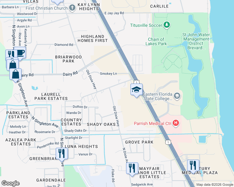 map of restaurants, bars, coffee shops, grocery stores, and more near 1395 Old Dixie Hwy in Titusville