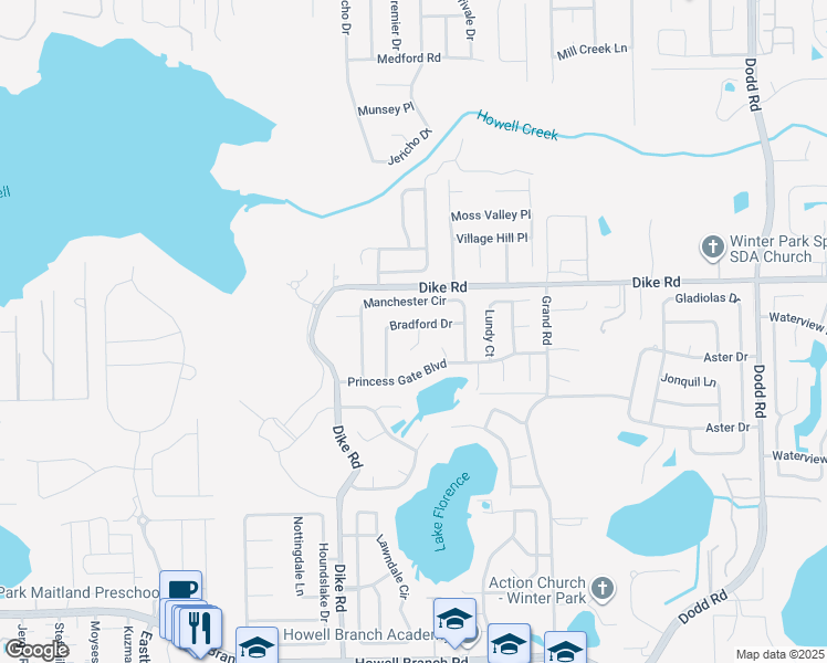 map of restaurants, bars, coffee shops, grocery stores, and more near 1019 Bradford Drive in Winter Park