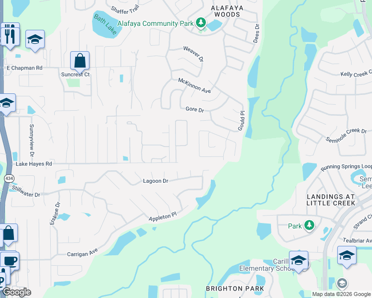 map of restaurants, bars, coffee shops, grocery stores, and more near 2483 Paddock Way in Oviedo