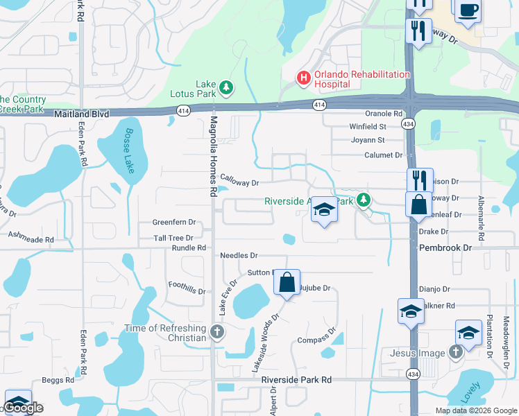 map of restaurants, bars, coffee shops, grocery stores, and more near 3629 Peaceful Place in Orlando