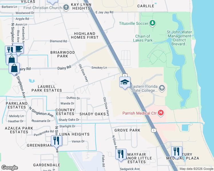 map of restaurants, bars, coffee shops, grocery stores, and more near 1395 Old Dixie Highway in Titusville