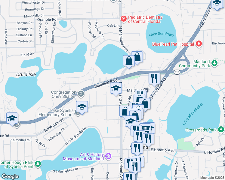 map of restaurants, bars, coffee shops, grocery stores, and more near 860 Hillcrest Avenue in Maitland