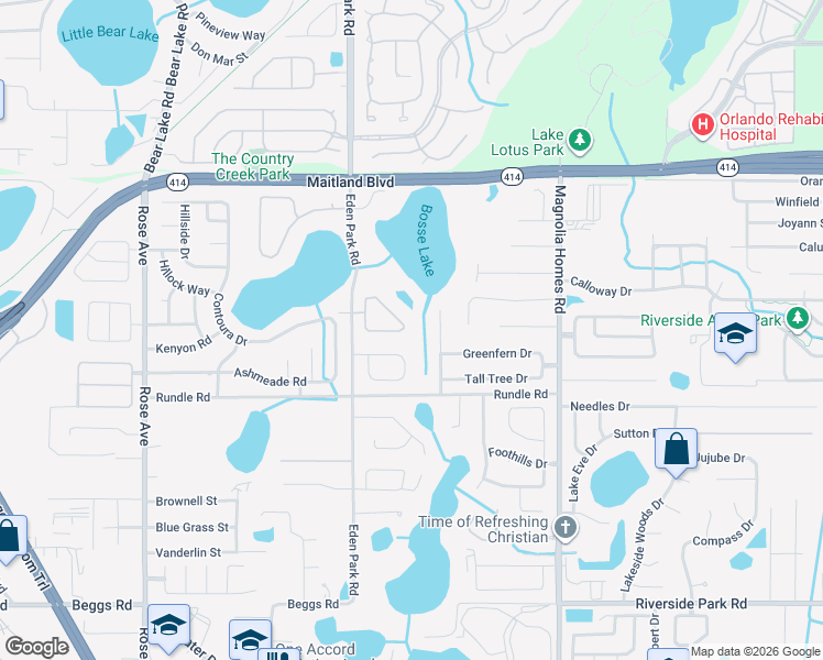 map of restaurants, bars, coffee shops, grocery stores, and more near 4606 Park Eden Circle in Orlando