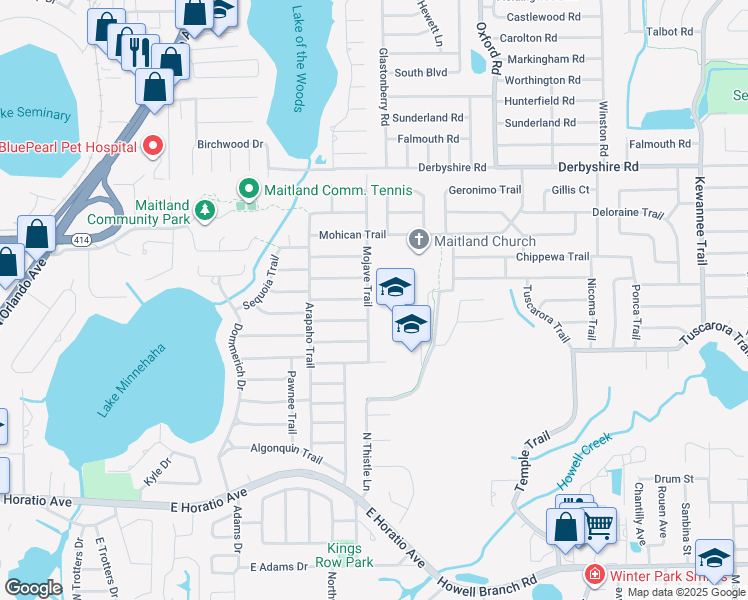 map of restaurants, bars, coffee shops, grocery stores, and more near 760 Mojave Trail in Maitland