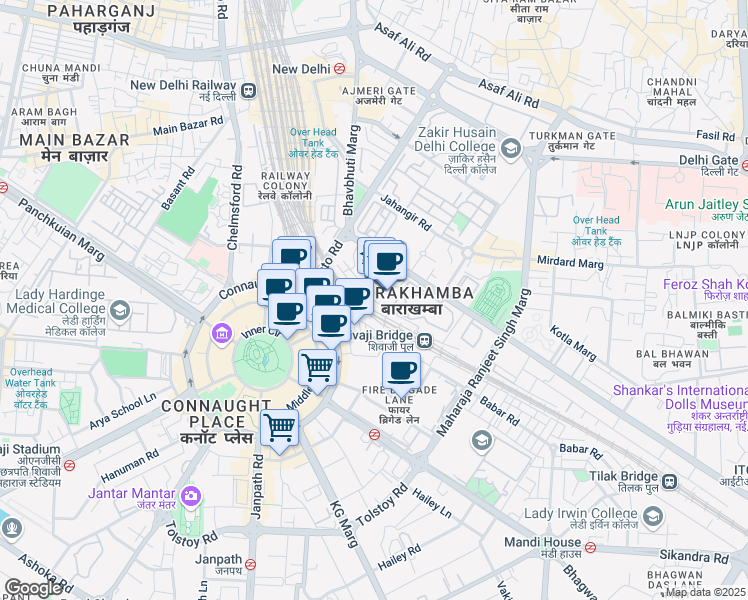 map of restaurants, bars, coffee shops, grocery stores, and more near in New Delhi